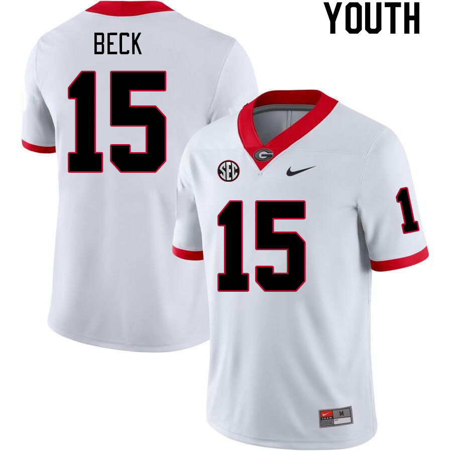Youth #15 Carson Beck Georgia Bulldogs College Football Jerseys Stitched-White - Click Image to Close